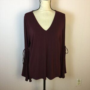 Express Blouse Top Size L Womans Burgundy Red V-neck Long Bell Sleeve Stretch
